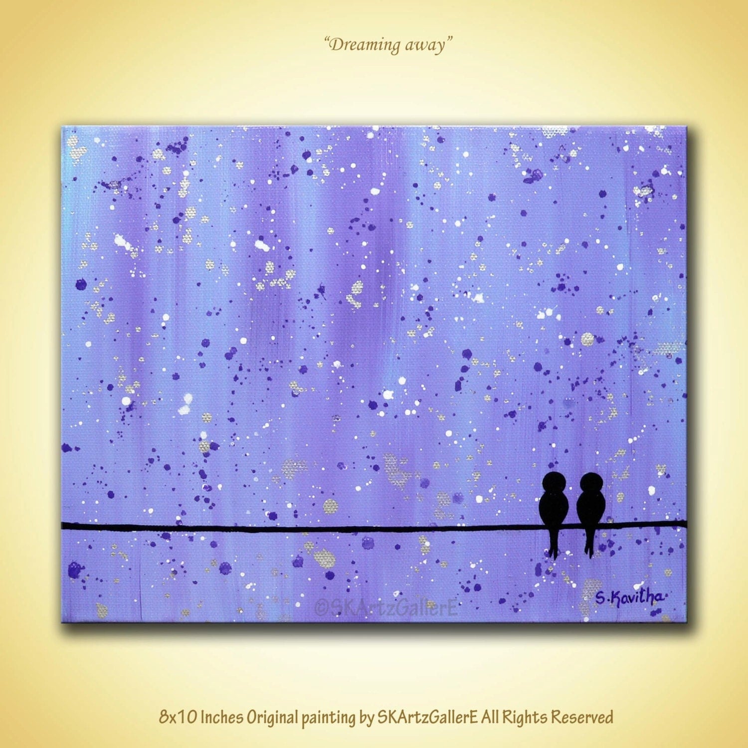 SALE 30 off Original painting Purple Canvas art Birds on wire