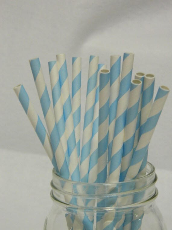 14 Light Blue and White Striped Straws by RaspberryRibbonsLace