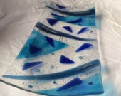 Geometric Blue, fused glass platter