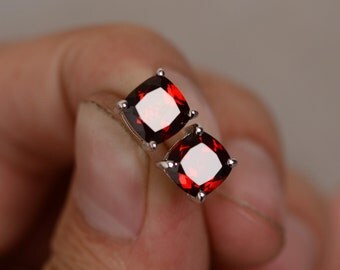 Natural Garnet Earrings Stud 7mm Cushion Cut Red Garnet January Birthstone Earrings Red Gemstone
