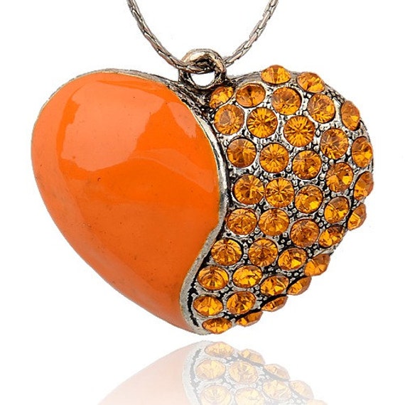 Orange Heart Pendant Crystal Rhinestone Enamel Pendants