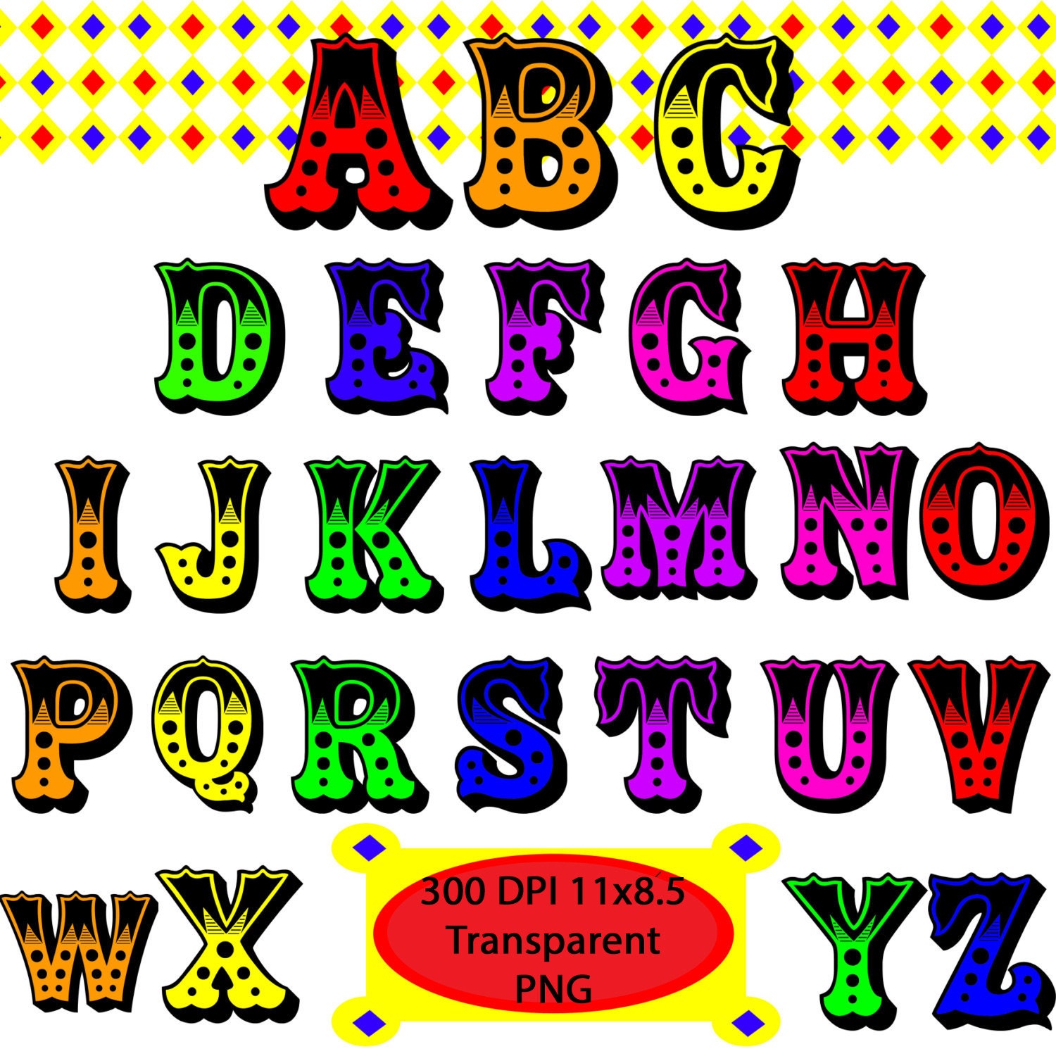 Circus Rainbow Alphabet Instant Digital Download 252 letters