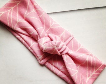 Baby Turban knot headband, baby knot headband, modern pink abstract feather headband