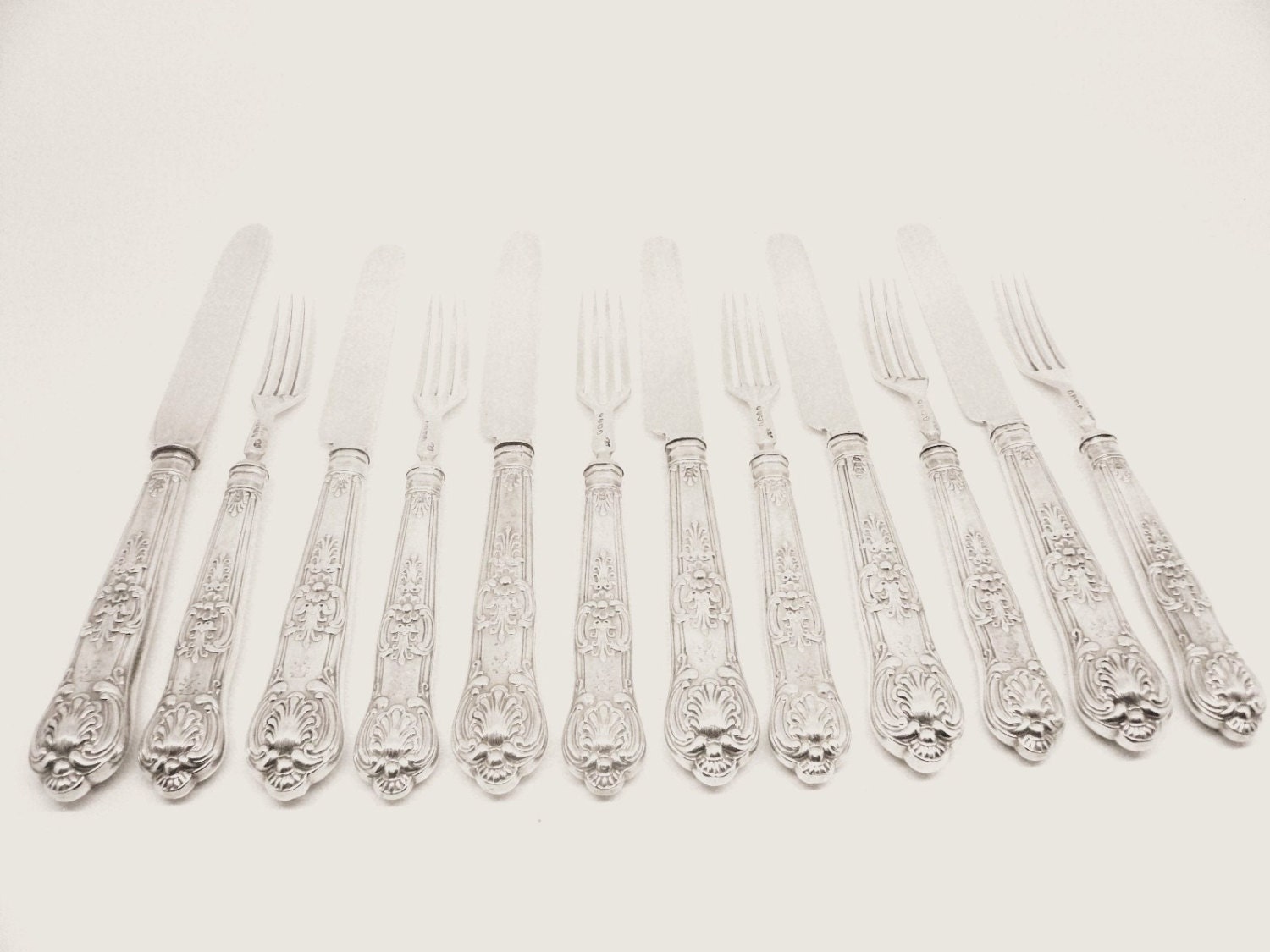 Antique Silver Dessert Cutlery Set, Sterling, 12 Piece, Knives, Forks