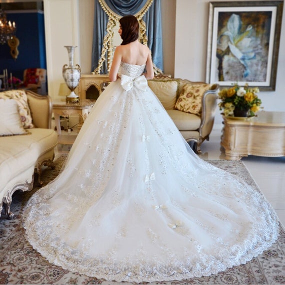 Items similar to Luxury Crystal Lace Wedding Dress With Bow on Etsy
