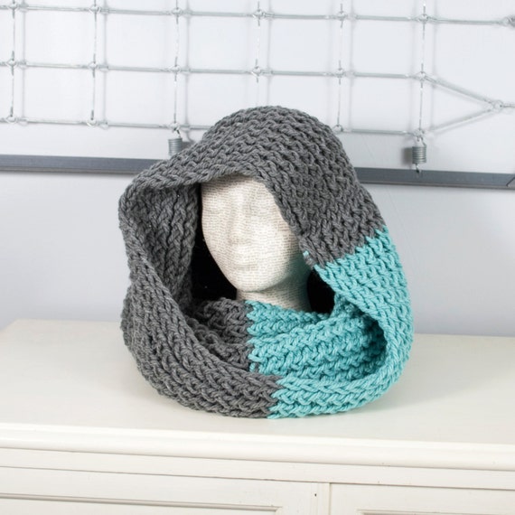 Scarf,  and Gray Cowl neck  Hood, hooded  Knit Scarf, Cowl scarf Warmer, Aqua Hooded Neck