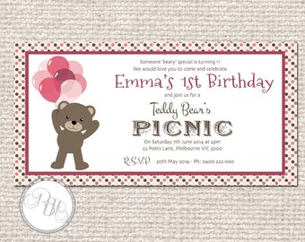 Digital Child Birthday Invitation - Pink Teddy Bear Picnic 1st Birthday ...