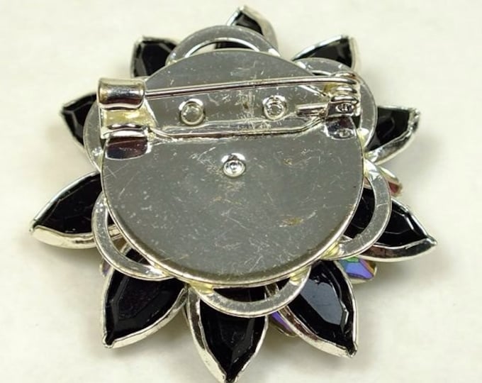 Storewide 25% Off SALE Gorgeous vintage rhinestone flower brooch with a dimensional design in black, aurora borealis and clear rhinestones s