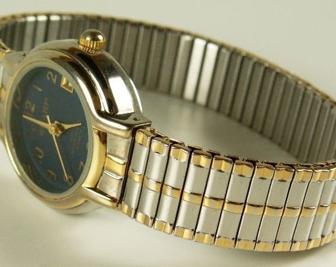 Storewide 25% Off SALE Lovely Vintage Ladies Sharp Quartz Silver & Gold Tone Watch With Date Marking Featuring Beautiful Dark Blue Face and
