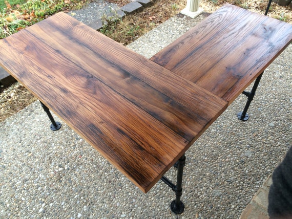 Rustic Reclaimed Barn Wood L Desk Table - Solid Oak W/ 28" Black Iron ...