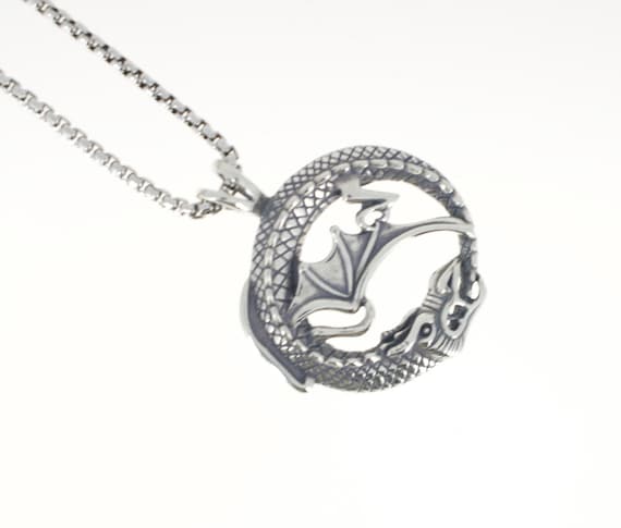 Dragon pendant in sterling silver on 1.6 mm sterling silver box chain with lobster claw clasp. Game of Thrones.