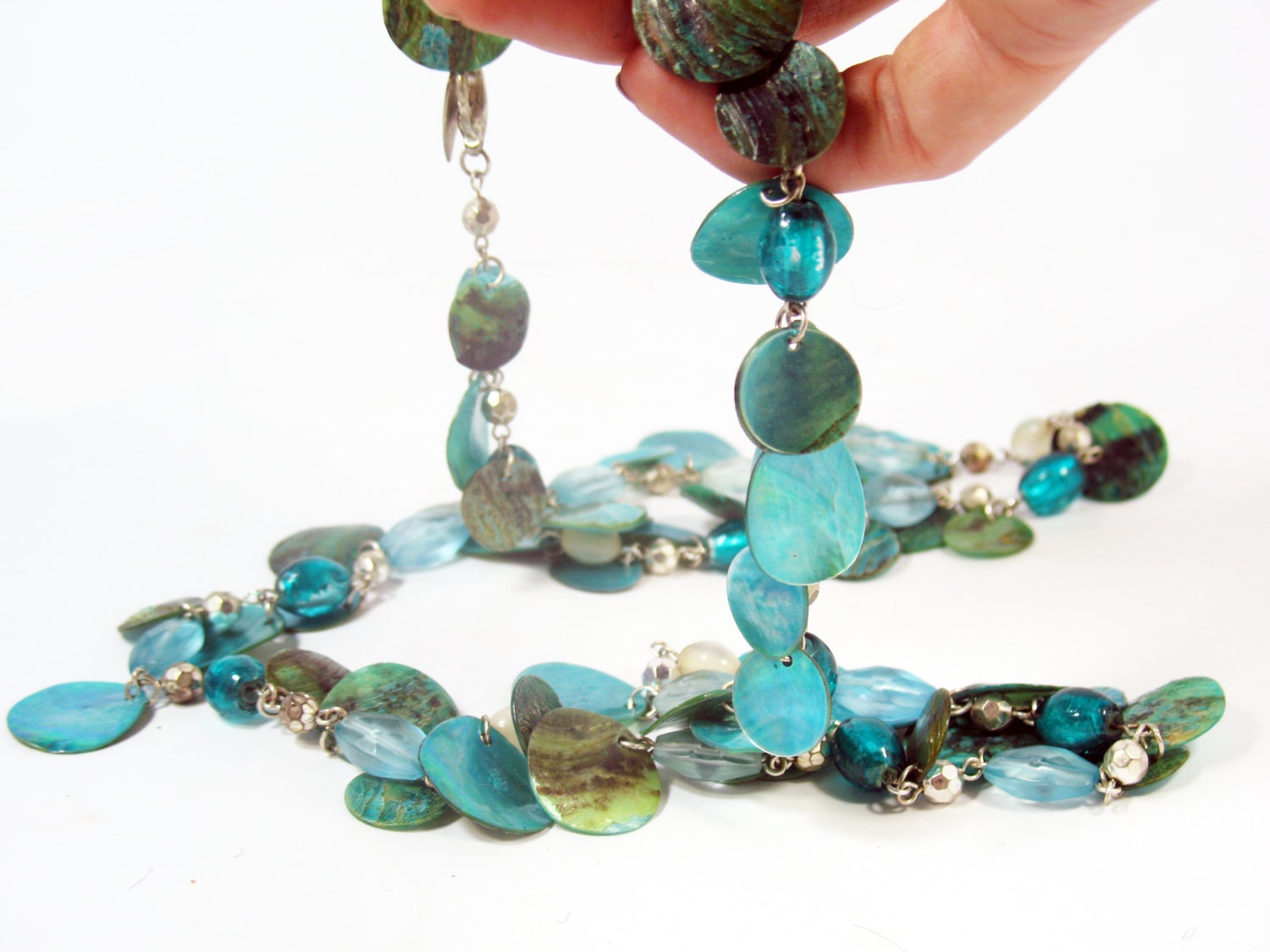 Blue Necklace Paua Shell Vintage Jewelry Teal Aqua Green