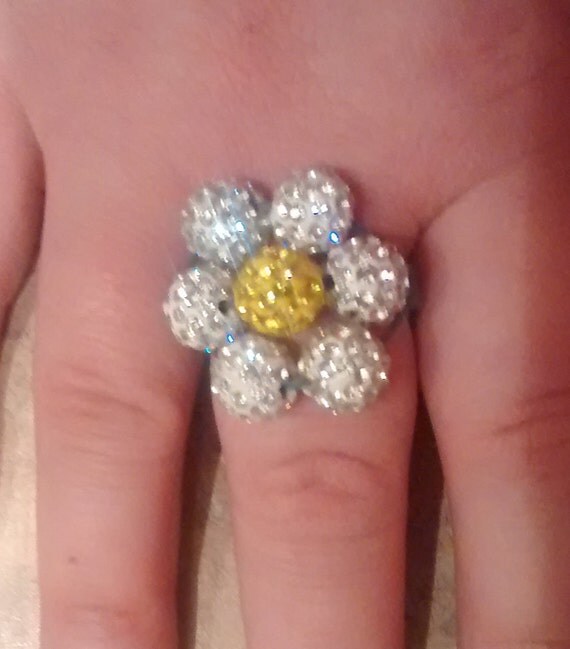 White & Yellow Flower Shamballa Style Ring