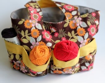 Handmade crafts and makeup organizer tote bingo bag with pockets women kids fabric textile cotton flowers boho red yellow brown cream