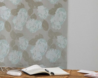 Hortensia in Mint and Light Grey : Hand-printed Fabric Panel