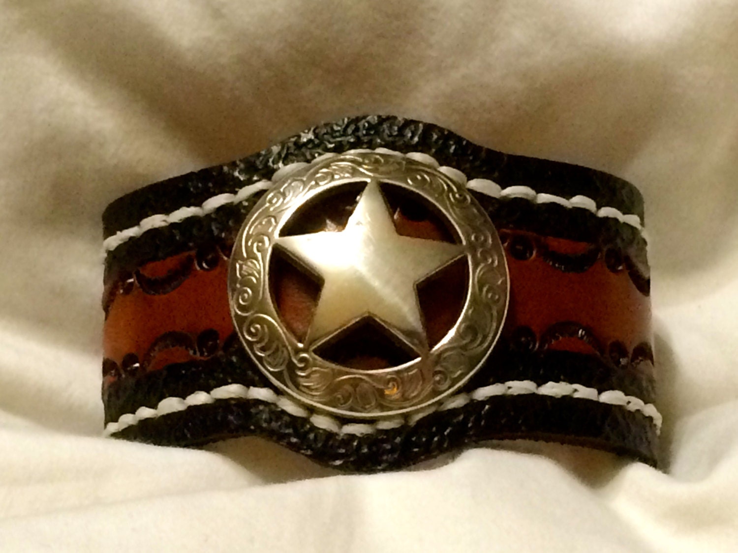 Western Leather Cuff Bracelet Texas Star by AppaloosaLeather