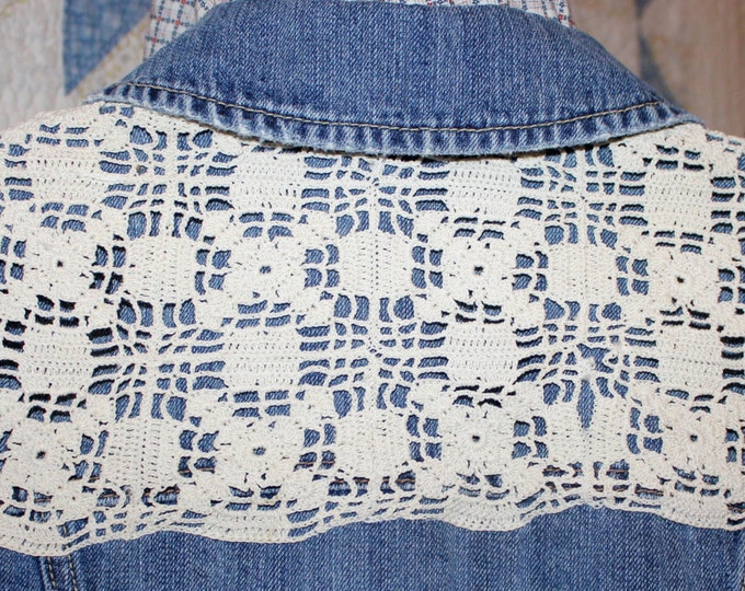 HALF PRICE ** Up-cycled Recycled Denim and Lace Jacket. Girls Size Medium. Embellished with Hand-made Vintage Lace.