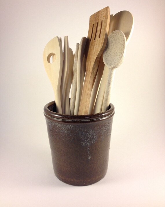 Pottery kitchen utensil holder rich brown by FernStreetPottery