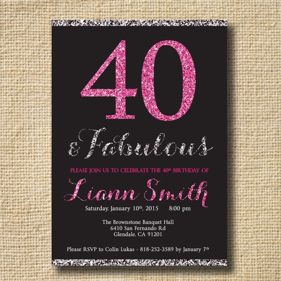 40th Birthday Glitter Invitation Women Forty and Fabulous