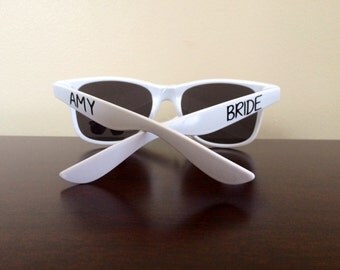 Wayfarer Sunglasses with Name on One Side and Bride on Other - your choice of vinyl colors!
