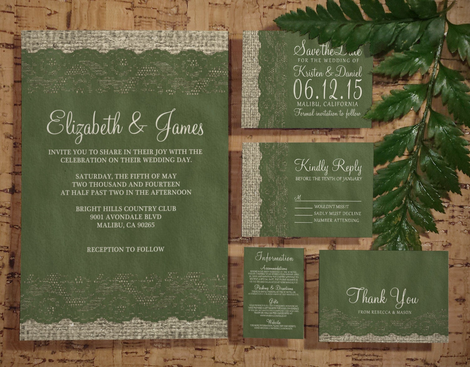 Green Rustic Lace Wedding Invitation Set/Suite by InvitationSnob