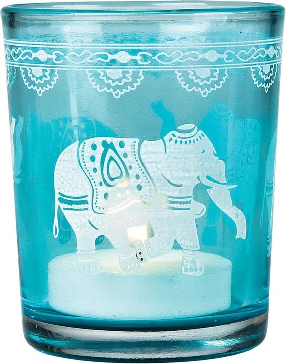 Turquoise Blue Glass Candle Holder Elephant Design by TaaraBazaar