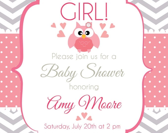Baby Shower Invitation. Baby girl. Chevron style babyshower invitation. Owl babyshower. Printable