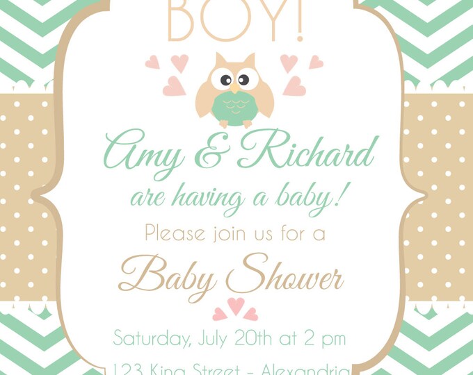 Baby Shower Invitation. Baby girl. Boy babyshower. Chevron babyshower invitation. Owl babyshower. Pastel tone babyshower. Printable