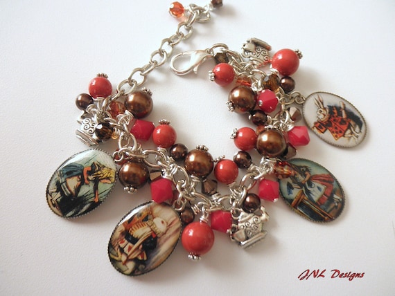 Alice in Wonderland Inspired Chunky Adjustable Charm Bracelet Gift-Red Coral and Chocolate Brown  Resin Cabochon Pendants