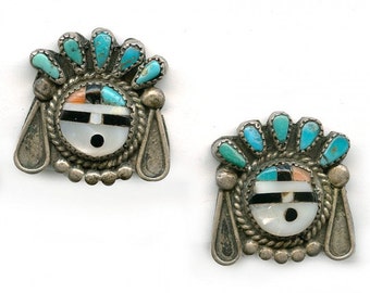 Vintage Zuni Sun Face silver, turquoise and inlaid earrings. (ervs841cn)