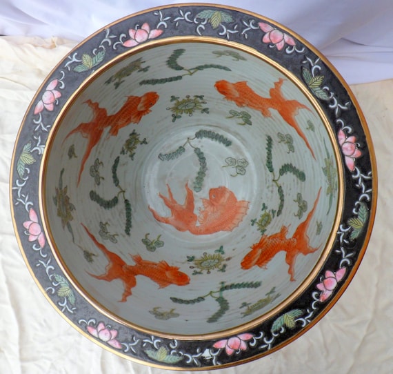 Exceptional Large Ceramic Fish Bowl Planter Koi Pot