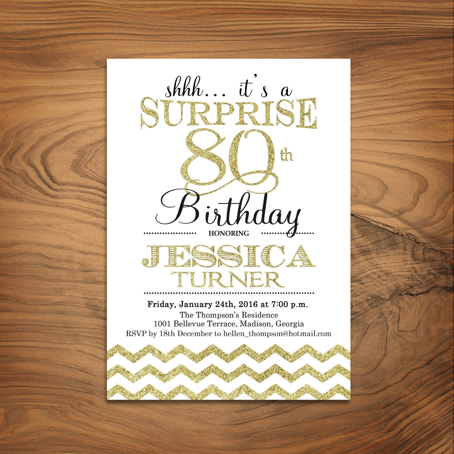 Surprise 80th Birthday Invitation / Any Age / Glitter Gold