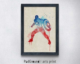 Captain America Art Print, Superhero Watercolor Art, Illustration, Avenger Poster, Home Decor, Wall Art Print with Frame for Kids Room -SP60