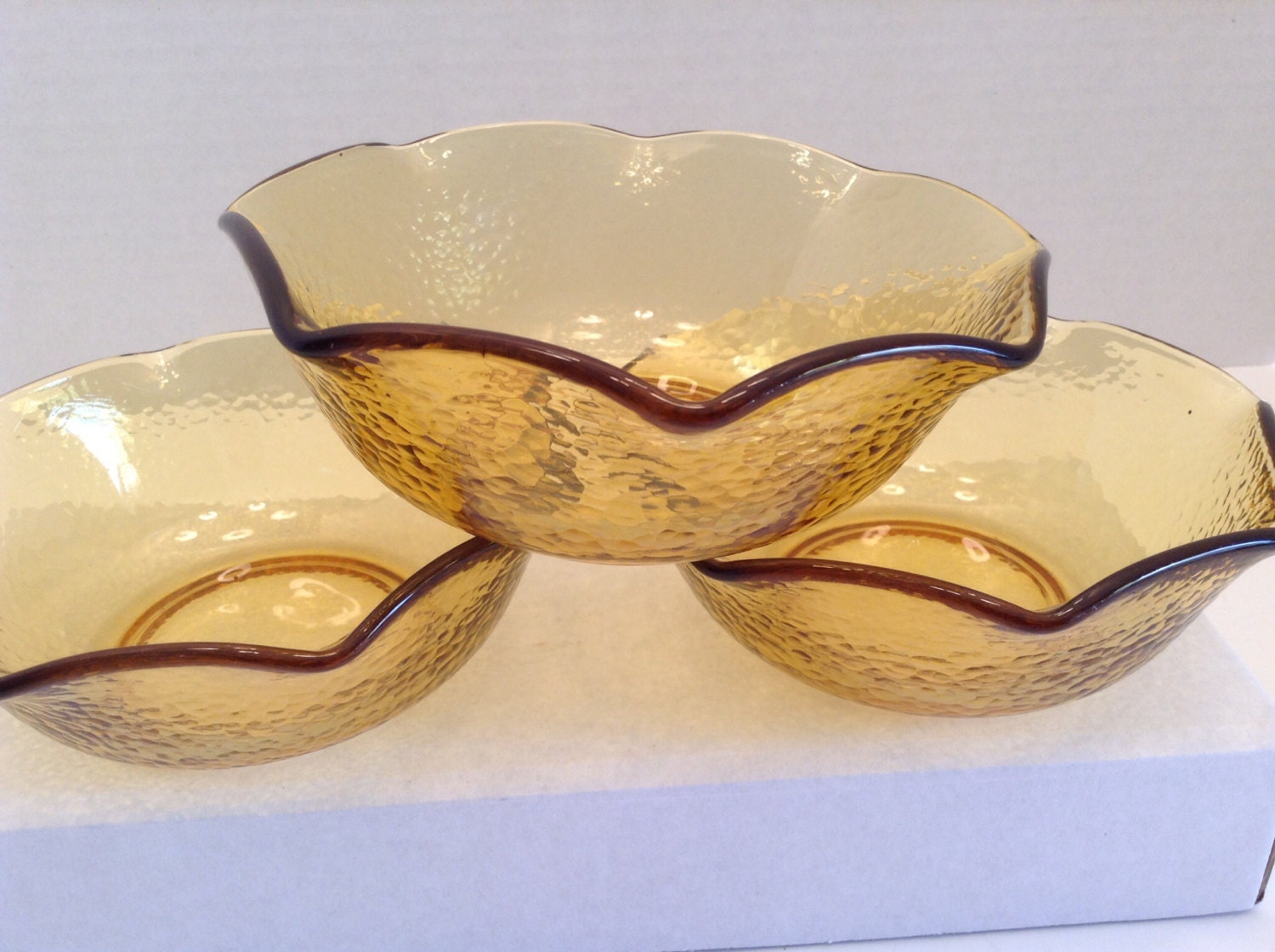Vintage Amber Bowls Set of 3 Ruffled Edge Dessert Bowl Fruit