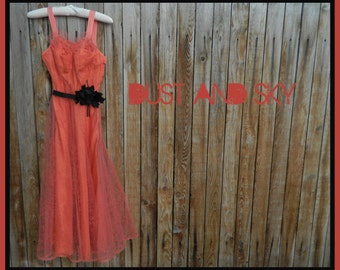 Free Shipping, 1940's Prom Dress, Salmon Pink, Flocked Netting, Full Length, Black Belt