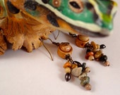 Boho primitive wire wrapped bone and stone earrings fish vertebrae fossil coral and ocean jasper dangling earrings on antique brass wire