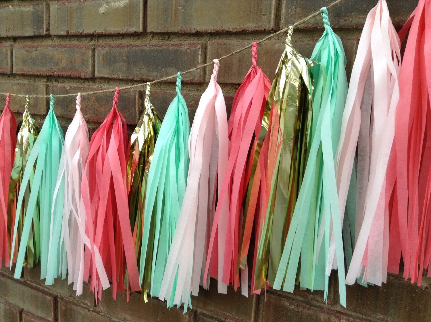 Mint pink and gold tissue paper tassel garland
