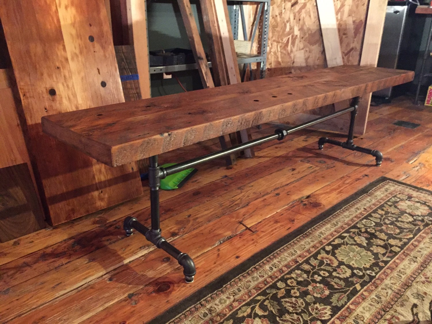 Reclaimed wood black pipe bench. Industrial Bench. Wood and