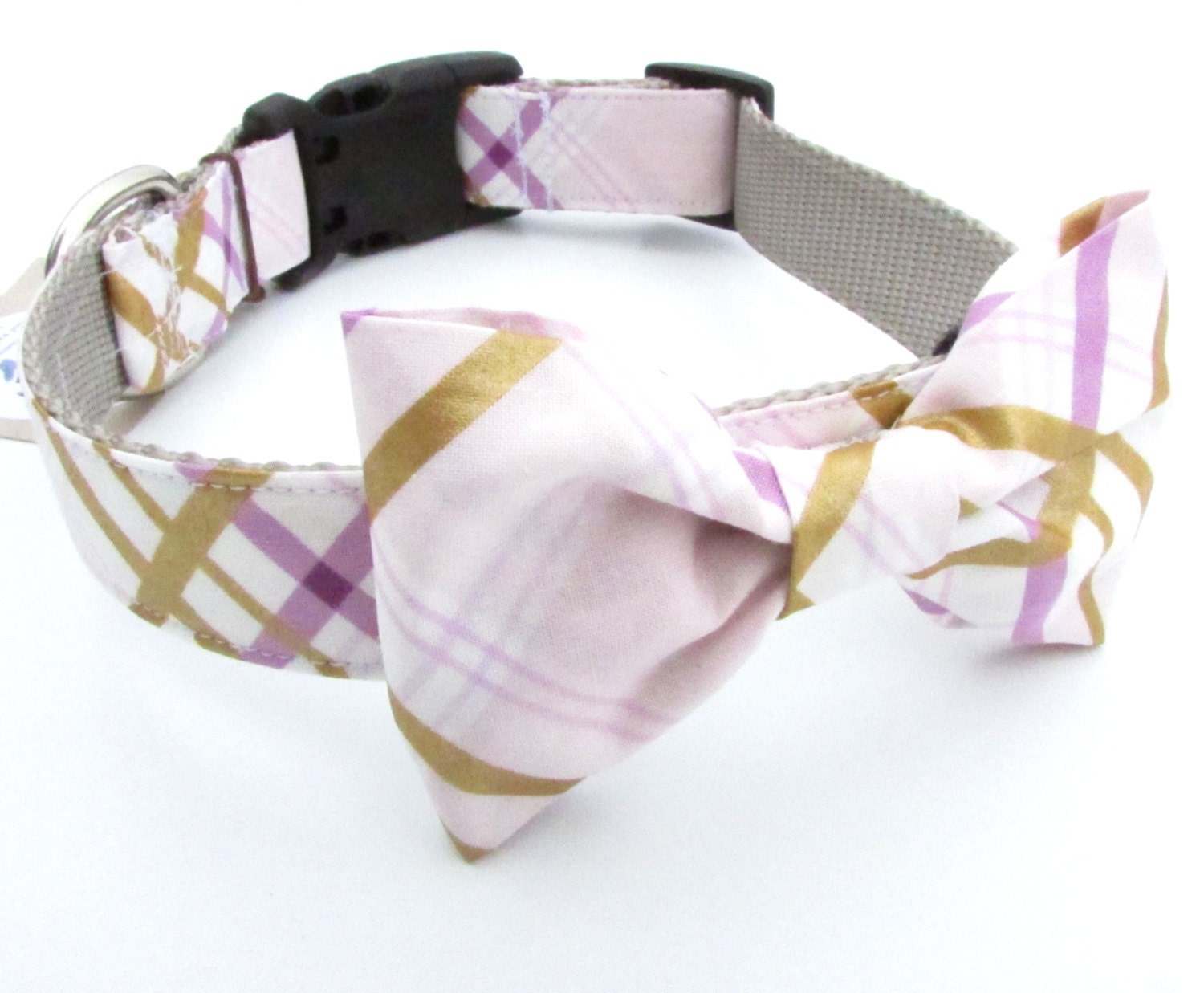 Dog Bow Tie Collar Lilac and Gold Plaid Dog Bowtie Collar