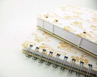 6 x 8 wood branch leaves yellow white fabric, coptic or spiral wire bound, notebook blank journal sketchbook - books & zines