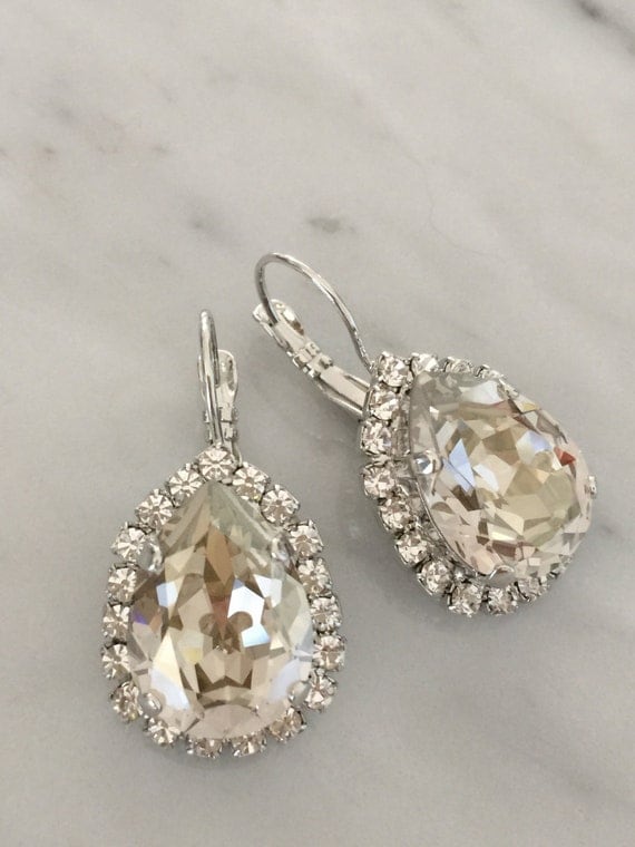 Large Pear Cut Swarovski Silver Shade Crystal Bridal, Cocktail Earrings