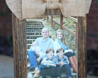 Rustic Wood Picture Frame, Stained Wood Frame, Rustic Wedding, Burlap Ribbon, 5x7 Picture Frame, Shabby Chic, Farmhouse Decor