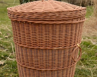 Storage Basket with Lid,Wicker Laundry Basket, Handmade Willow Laundry Basket with Lid, Round Wicker Hamper, Wicker Laundry Hamper