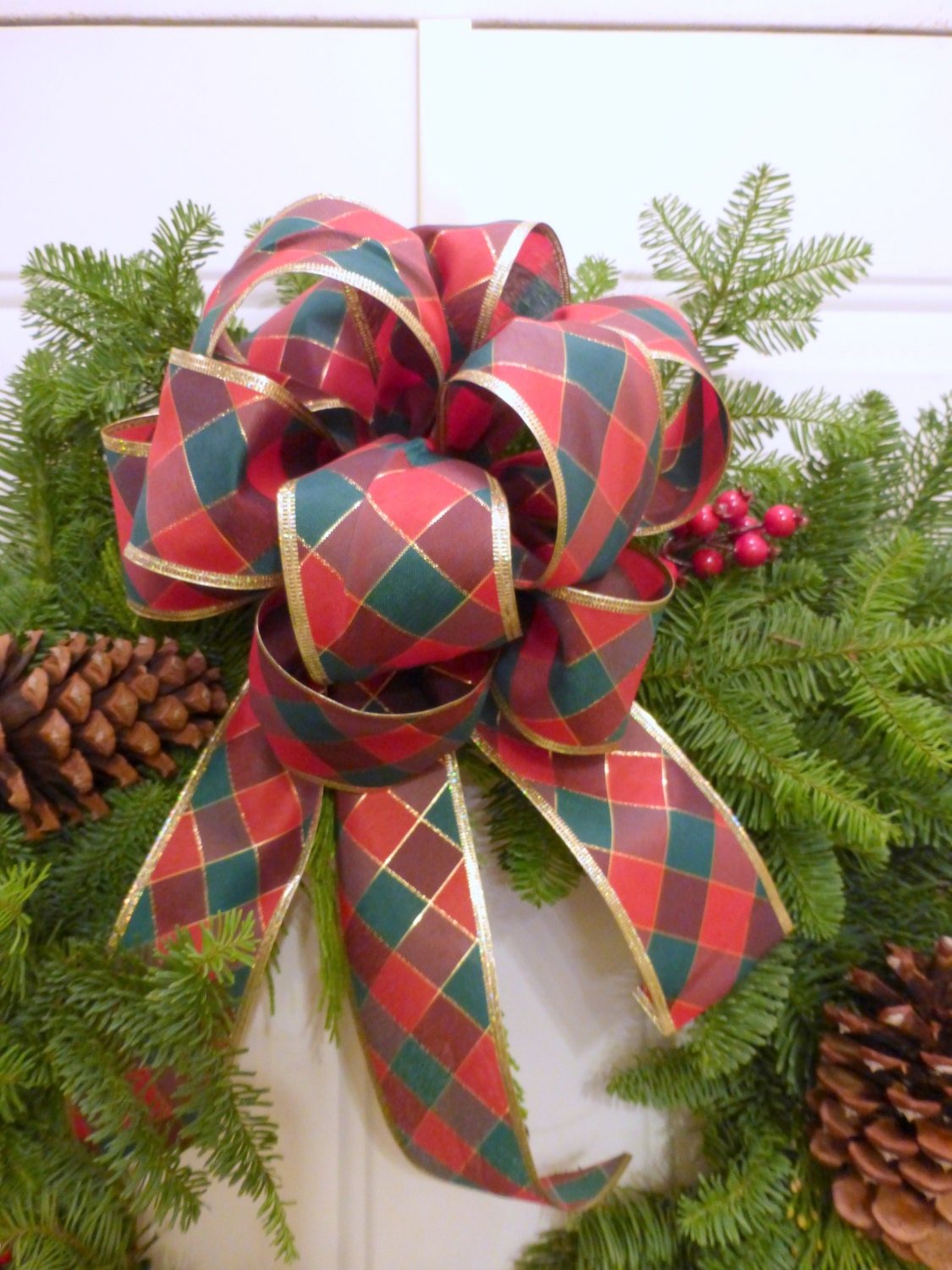 Red and green block plaid bow, outdoor wreath bow, Christmas bow ready to ship