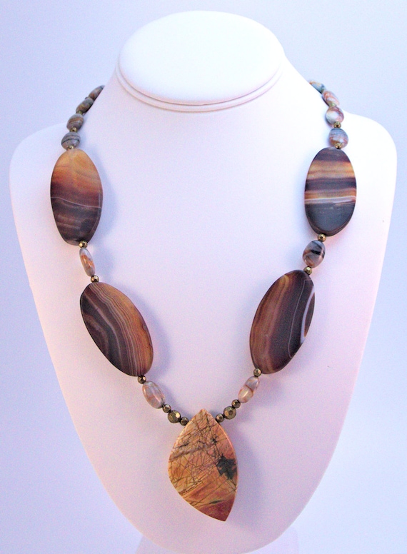 Bold statement necklace of jasper and Picasso marble beads.