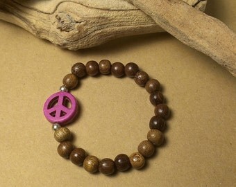 Girl's Wood Bracelet with Pink Magnesite Peace Sign
