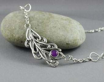 Keepsake jewelry. Sterling silver Peacock Feather necklace. Sugilite jewelry. Elegant jewelry.