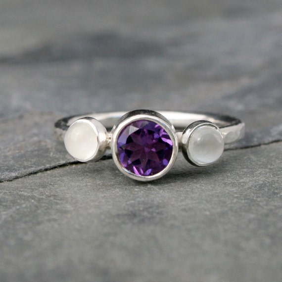 Purple Amethyst & Moonstone Gemstone Ring Sterling Silver