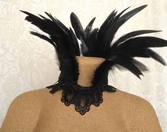 Maleficent costume collar - ready to ship black feather necklace - goth Victorian choker - feather ruff jewelry - coque teardrop