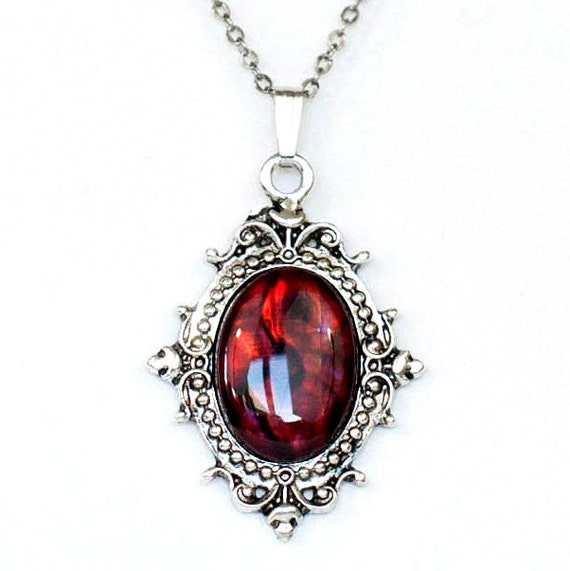 Gothic Noir Vampire Victorian Style Antiqued Silver Filigree Frame Necklace with Dark Blood Red Paua Cabochon by Velvet Mechanism by velvetmechanism steampunk buy now online